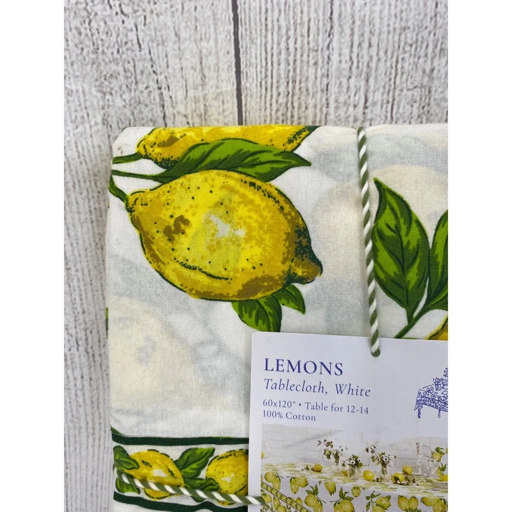 April Cornell Tablecloth 60x120 Lemons White Yellow Cotton Fruit Print Summer